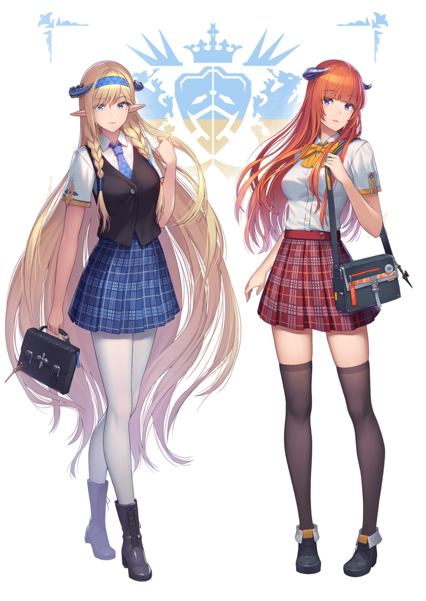 2girls alternate_costume ankle_boots arknights athrun1120 bag bagpipe_(arknights) bangs black_footwear black_vest blonde_hair blue_eyes blue_neckwear blue_skirt blunt_bangs boots bow bowtie breasts closed_mouth collared_shirt commentary_request dragon_horns dress_shirt full_body highres horns large_breasts long_hair looking_at_viewer miniskirt mixed-language_commentary multiple_girls necktie orange_hair pantyhose plaid plaid_skirt pleated_skirt pointy_ears red_skirt saileach_(arknights) school_briefcase school_uniform shirt short_sleeves shoulder_bag skirt smile standing thigh-highs very_long_hair vest violet_eyes white_background white_legwear white_shirt yellow_bow zettai_ryouiki