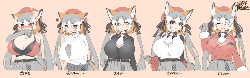 1girl :&lt; :/ :d ^_^ animal_ear_fluff animal_ears arm_between_breasts bangs bare_shoulders beige_background belt beret between_breasts black_belt black_ribbon black_shirt blush bra breasts closed_eyes commentary covering_mouth dated dress_shirt elbow_gloves embarrassed extra_ears eyebrows_visible_through_hair facing_viewer fox_ears fox_girl fox_tail fur-trimmed_sleeves fur_trim gloves grey_gloves grey_hair grey_skirt hair_between_eyes hair_ribbon hand_up hat headset highres huge_breasts island_fox_(kemono_friends) jacket kemono_friends kemono_friends_v_project long_hair long_sleeves looking_at_viewer looking_away multicolored_hair multiple_views necktie no_shirt open_mouth orange_eyes orange_hair pleated_skirt red_headwear red_jacket ribbon shirt signature simple_background skirt smile squiggle sweat tail translated twintails undershirt underwear very_long_hair vest virtual_youtuber white_hair white_neckwear white_vest wing_collar yoshida_hideyuki