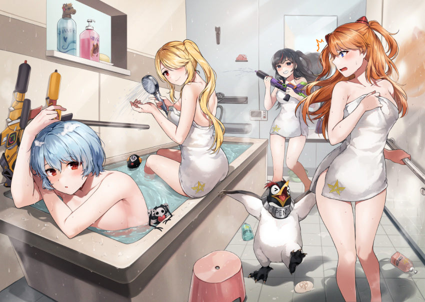 4girls ayanami_rei bangs bare_shoulders bathroom bathtub bird black_hair blonde_hair blue_eyes blue_hair blush character_request gijang grin hair_over_one_eye indoors long_hair mirror multicolored_hair multiple_girls naked_towel neon_genesis_evangelion nude open_mouth orange_hair partially_submerged penguin red_eyes short_hair shower_head side_ponytail sitting smile soap_bottle souryuu_asuka_langley standing stool streaked_hair super_soaker thighs tile_floor tiles towel water water_gun