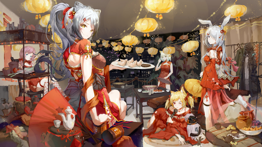 1other 5girls absurdres animal_ear_fluff animal_ears arknights arm_at_side back_bow back_cutout bangs bare_shoulders blonde_hair blue_eyes blue_poison_(arknights) bodhi_wushushenghua bottle bow bowl breasts china_dress chinese_clothes chinese_commentary city_lights cleavage_cutout closed_mouth clothes_hanger clothing_cutout commentary_request cross-laced_clothes crossed_legs cup curtains detached_sleeves doctor_(arknights) dress fishnet_legwear fishnets foot_up frostnova_(arknights) green_eyes grey_eyes grey_hair hair_bow hair_ornament hair_ribbon hairclip hand_fan hand_up highres holding holding_lantern holding_microphone holding_plate indoors kal'tsit_(arknights) lantern long_hair looking_at_viewer looking_back looking_to_the_side medium_breasts medium_hair microphone multiple_girls night off_shoulder one_eye_closed open_mouth parted_bangs parted_lips pelvic_curtain pink_hair plate ponytail rabbit_ears railing red_dress red_eyes ribbon scarf schwarz_(arknights) short_sleeves sitting small_breasts socks sora_(arknights) standing table teacup teapot thighlet v white_legwear yellow_eyes
