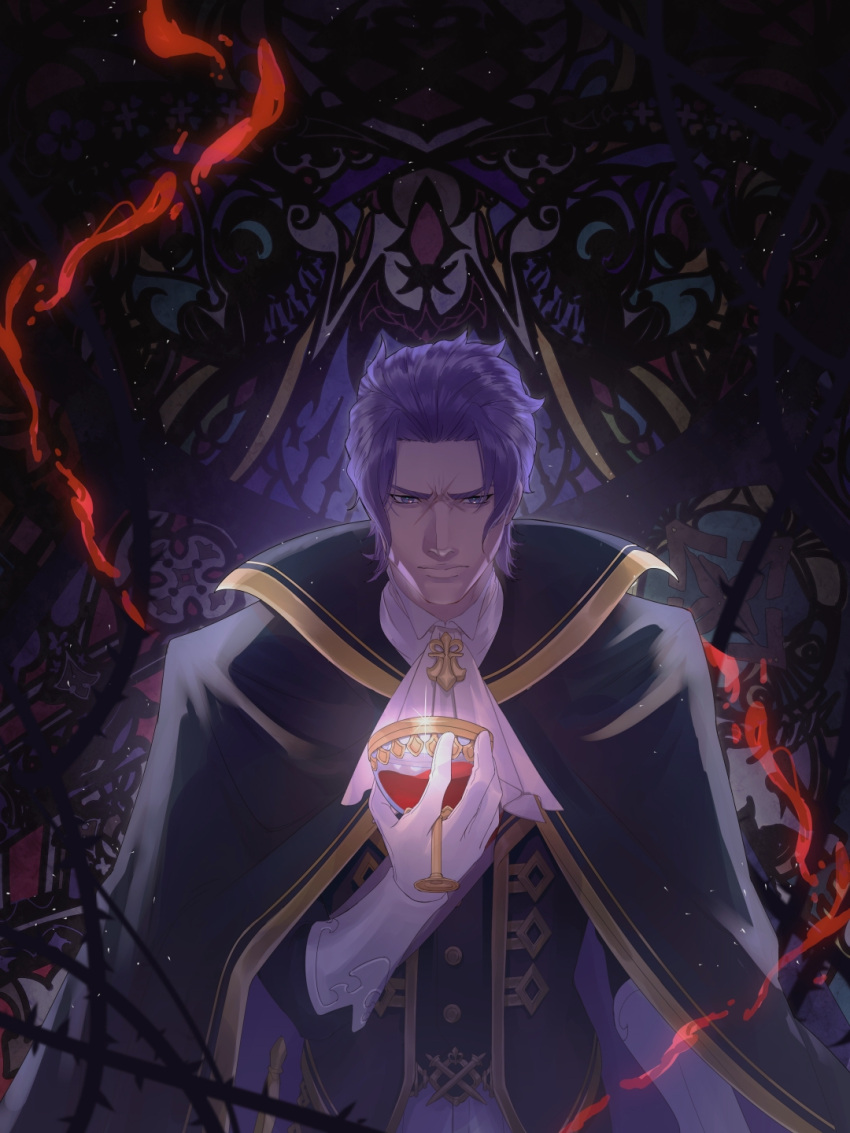 1boy ascot barok_van_zieks black_cloak black_vest chalice cloak closed_mouth cowboy_shot cross_scar cup dai_gyakuten_saiban demesio gloves gyakuten_saiban highres holding holding_cup light_particles male_focus purple_hair scar scar_on_face short_hair solo sparkle standing vest white_gloves white_neckwear