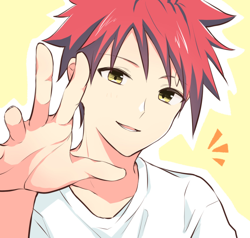 1boy eyebrows_visible_through_hair looking_at_viewer open_mouth outstretched_hand redhead shirt shokugeki_no_souma short_hair simple_background ssr_ng white_shirt yellow_background yellow_eyes yukihira_souma