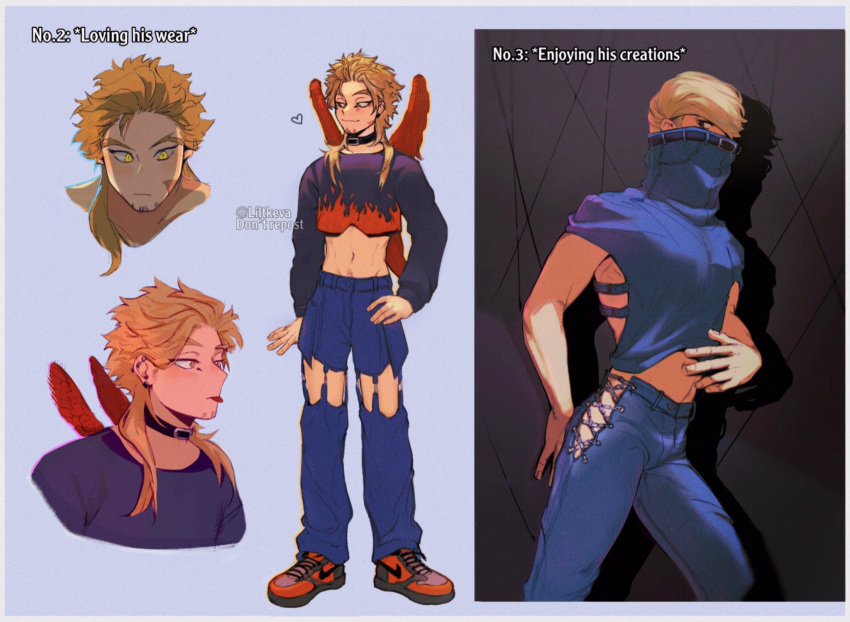 2boys alternate_costume alternate_hairstyle bangs best_jeanist blonde_hair blue_background blue_pants boku_no_hero_academia border clothing_request covered_mouth crop_top cropped_shoulders denim earrings english_text facial_hair flame_print hair_over_one_eye hawks_(boku_no_hero_academia) heart highres jeans jewelry keva_(liltkeva) long_hair long_sleeves male_focus midriff mini_wings multiple_boys navel pants red_footwear red_wings shoes short_hair sidelocks smile stubble sweater tongue tongue_out white_border wings