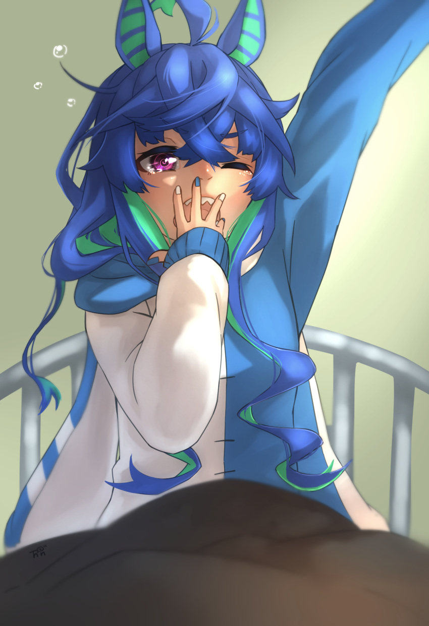 1girl :o @_@ ahoge animal_ears arm_up bangs bed blue_hair blue_nails commentary covering_mouth crossed_bangs ear_covers eyebrows_visible_through_hair green_hair hair_between_eyes highres horse_ears indoors long_hair long_sleeves messy_hair multicolored multicolored_hair multicolored_nails nail_polish on_bed one_eye_closed open_mouth sharp_teeth sidelocks signature sitting solo streaked_hair tears teeth thin_(suzuneya) twin_turbo_(umamusume) two-tone_hair umamusume under_covers upper_body violet_eyes waking_up yawning