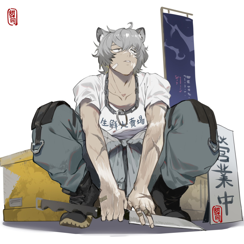 1boy animal_ear_request arknights bandaid bandaid_on_cheek from_below full_body grey_hair highres holding holding_knife jaye_(arknights) knife male_focus scar scar_on_arm shirt short_hair solo squatting vv404notfound white_shirt