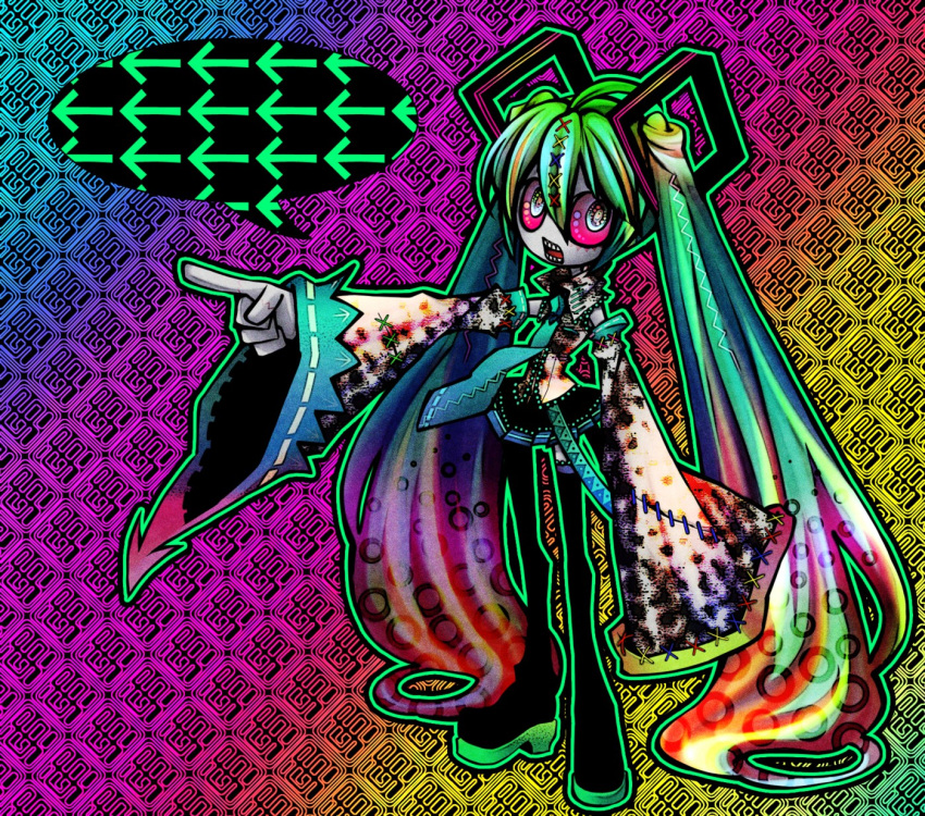 acid_trip colorful detached_sleeves green_hair hatsune_miku highres long_hair ninomae solo thigh-highs thighhighs twintails very_long_hair vocaloid