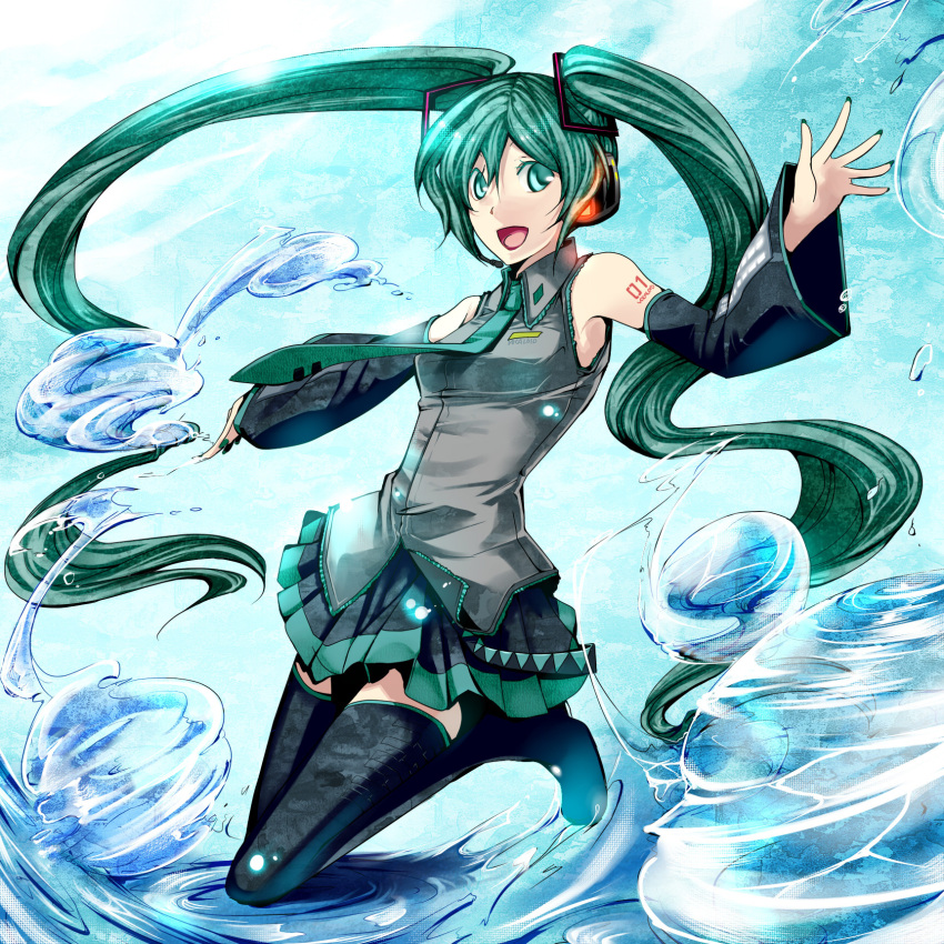 aqua_eyes aqua_hair detached_sleeves hatsune_miku headphones headset highres long_hair necktie seiji_m skirt smile solo thigh-highs thighhighs twintails very_long_hair vocaloid water zettai_ryouiki