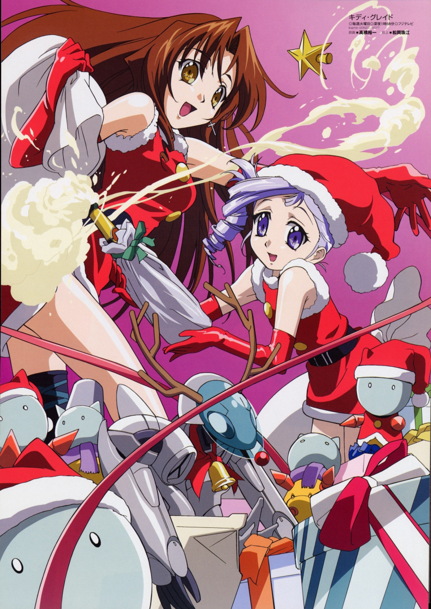 antlers bag bare_shoulders bell bell_collar brown_eyes brown_hair cat christmas collar cross drill_hair eclair elbow_gloves flat_chest gift gloves hat highres icing kiddy_grade lipstick_tube long_hair lumiere multiple_girls open_mouth purple_eyes purple_hair sack santa_costume santa_hat scan takahashi_yuuichi violet_eyes
