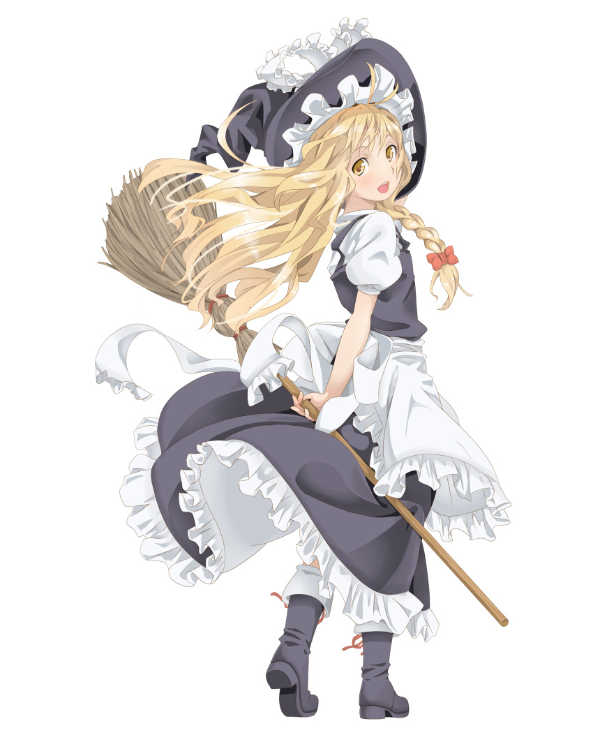 apron blonde_hair boots bow braid broom hair_bow hat highres kirisame_marisa long_hair looking_back rozen5 side_braid touhou transparent_background waist_apron wind witch_hat yellow_eyes