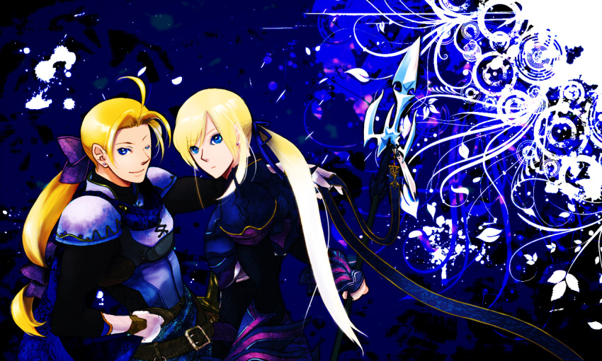 2boys armor artist_request blonde_hair blue_eyes bow cain_highwind cape crossover dragoon earrings edgar_roni_figaro final_fantasy final_fantasy_iv final_fantasy_vi hair_bow hand_on_hip jewelry long_hair male polearm ponytail spear wallpaper weapon wink