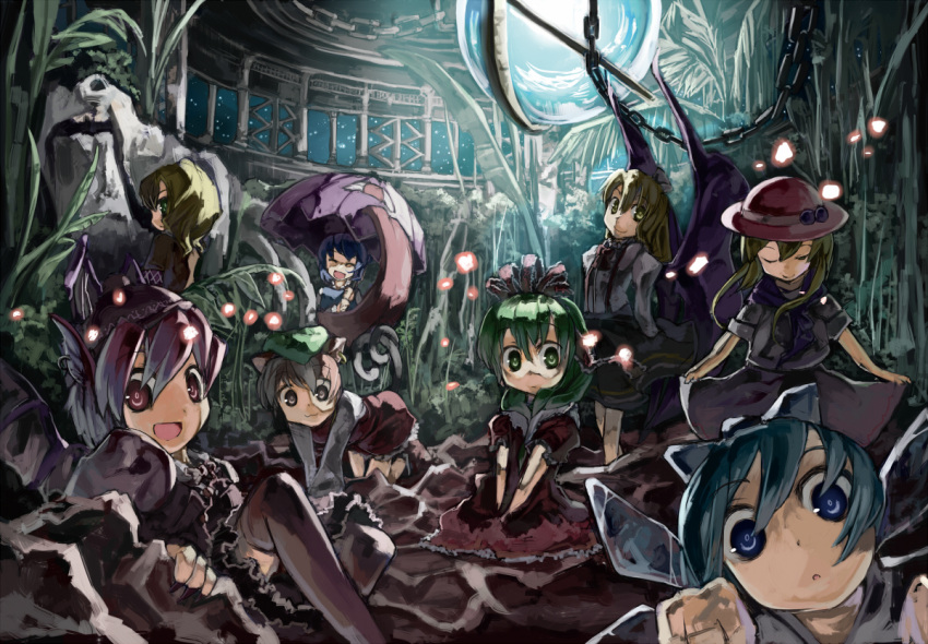 animal_ears bat_wings blue_eyes brown_hair cat_ears chen cirno closed_eyes cusui dress earrings glowing green_hair hair_ribbon hat ice jewelry kagiyama_hina karakasa_obake kurumi_(touhou) luize mizuhashi_parsee mystia_lorelei night night_sky open_mouth ribbon short_hair sitting sky smile tatara_kogasa tongue touhou touhou_(pc-98) umbrella wings wink