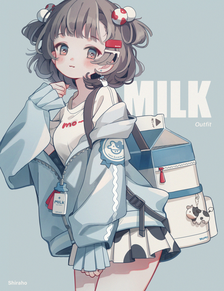 1girl :3 absurdres animal_print backpack bag bare_legs blue_background blue_eyes blue_hoodie blush brown_hair clenched_hand commentary_request cow cow_print cowboy_shot earrings english_text hair_bobbles hair_ornament hairclip hand_up highres hood hoodie jewelry keychain looking_at_viewer milk_carton original shiraho_(color-56) shirt short_hair simple_background sleeves_past_wrists solo two_side_up white_bag white_shirt zipper zipper_pull_tab