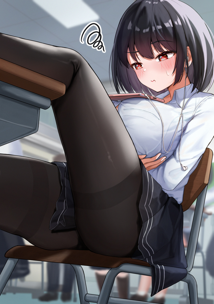 1girl absurdres black_hair black_legwear black_skirt boo_iro bralines breasts chair classroom collared_shirt desk earphones earphones highres large_breasts long_sleeves miniskirt object_on_breast original pantyhose red_eyes school_chair school_desk school_uniform shirt short_hair sitting skirt solo_focus tablet_pc thighband_pantyhose white_shirt