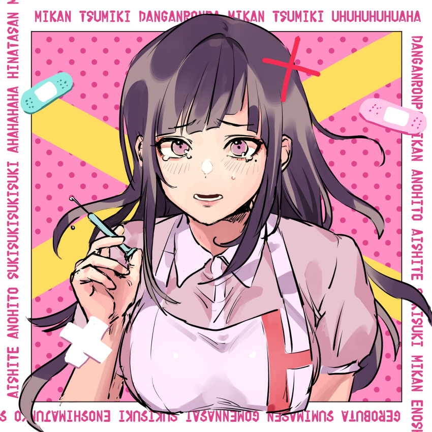 1girl apron bandages bandaid bangs black_hair blush breasts character_name collared_shirt copyright_name cross danganronpa_(series) danganronpa_2:_goodbye_despair eyebrows_visible_through_hair hand_up highres holding holding_syringe large_breasts long_hair looking_at_viewer lower_teeth mole mole_under_eye open_mouth orange_background outside_border pink_background pink_eyes pink_shirt polka_dot polka_dot_background puffy_short_sleeves puffy_sleeves sanmian_(chidarakeno) shiny shiny_hair shirt short_sleeves syringe tearing_up teeth tsumiki_mikan two-tone_shirt violet_eyes white_shirt