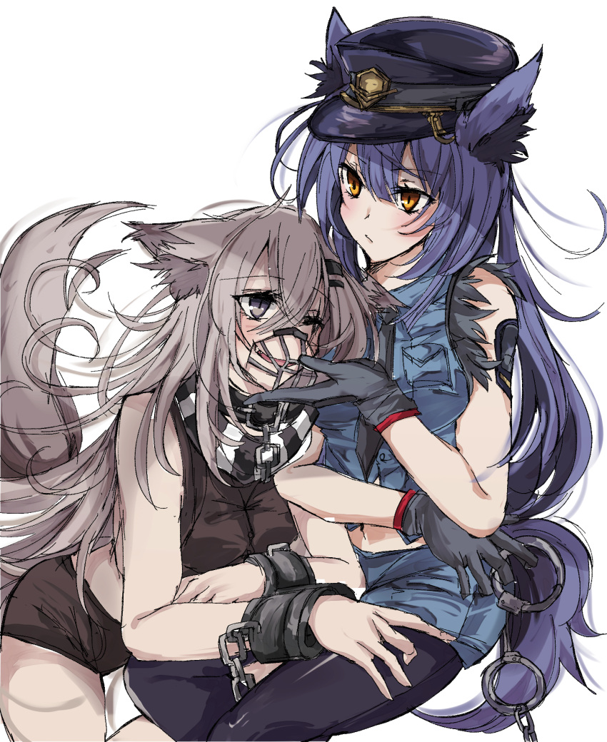 2girls animal_ear_fluff animal_ears arknights bare_legs black_gloves black_legwear black_necktie black_scarf black_shorts blue_hair blue_headwear blue_shorts blue_vest blush commentary cropped_vest cuffs fang feather_trim feet_out_of_frame gloves grey_eyes grey_hair hair_ornament hairclip hand_on_another's_chin handcuffs hands_on_another's_leg happy hat highres lappland_(arknights) long_hair midriff mirui multiple_girls muzzle necktie one_eye_closed open_mouth pantyhose police police_hat police_uniform scar scar_across_eye scarf shackles shorts simple_background sleeveless smile striped striped_scarf tail texas_(arknights) unhappy uniform vest white_background white_scarf wolf_ears wolf_girl wolf_tail yellow_eyes yuri