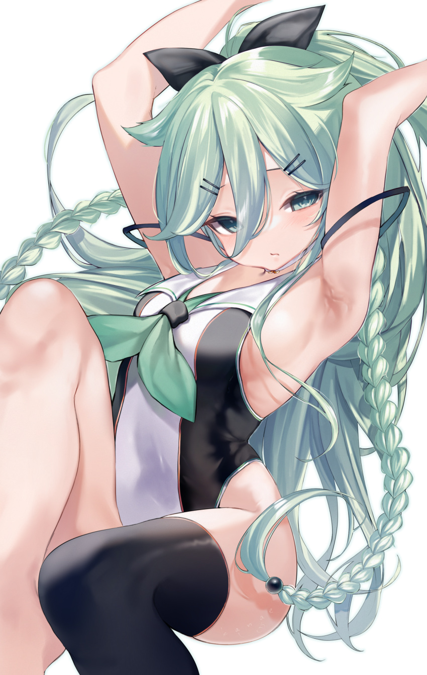 1girl absurdres armpits arms_up bangs black_hair black_legwear bow braid breasts closed_mouth green_eyes green_hair hair_between_eyes hair_bow hair_flaps hair_ornament hairclip highres invisible_chair kanae_(inorin05kanae) kantai_collection long_hair one-piece_swimsuit ponytail remodel_(kantai_collection) side_braids simple_background single_thighhigh sitting small_breasts solo swimsuit thigh-highs yamakaze_(kancolle)