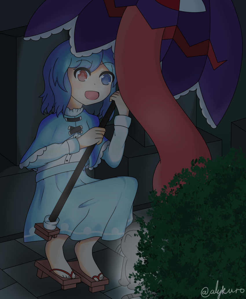 1girl :d absurdres aly_kuro bangs blue_eyes blue_hair building buttons dress eyebrows_visible_through_hair happy heterochromia hiding highres holding holding_umbrella open_mouth red_eyes short_hair smile solo tatara_kogasa tongue touhou umbrella undefined_fantastic_object