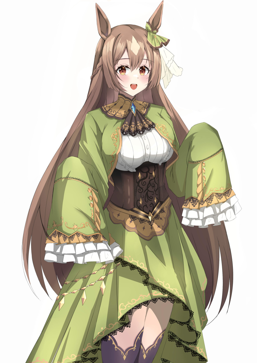 1girl :d absurdres argyle argyle_dress braid breasts brown_eyes brown_hair dress eyebrows_visible_through_hair frilled_shirt frilled_sleeves frills gem gold_trim green_dress hair_between_eyes hair_ornament highres horse_girl kuyouml lace-trimmed_dress lace-trimmed_legwear lace_trim large_breasts long_hair looking_at_viewer multicolored multicolored_eyes open_mouth satono_diamond_(umamusume) shirt simple_background smile solo thigh-highs umamusume upper_teeth very_long_sleeves white_shirt yellow_eyes