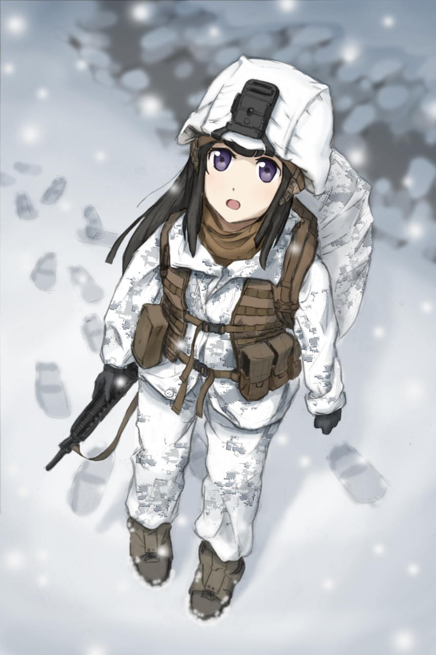 1girl absurdres assault_rifle backpack bag bangs black_hair blunt_bangs boots camouflage footprints gloves gun helmet highres holding holding_gun holding_weapon jacket load_bearing_vest long_hair looking_at_viewer m16 m16a4 magazine_(weapon) military military_uniform open_mouth original pants pouch rifle sling snow snowing standing straight_hair tanto_(tc1995) uniform united_states_marine_corps vest violet_eyes weapon