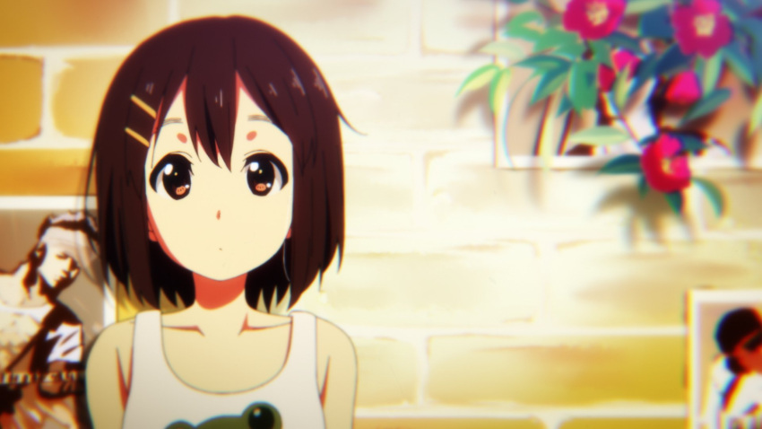 1girl against_wall brick_wall brown_eyes brown_hair collarbone flower hair_ornament hairclip highres hirasawa_yui k-on! looking_at_viewer mio_gure open_mouth plant poster_(object) short_hair solo tank_top upper_body wall