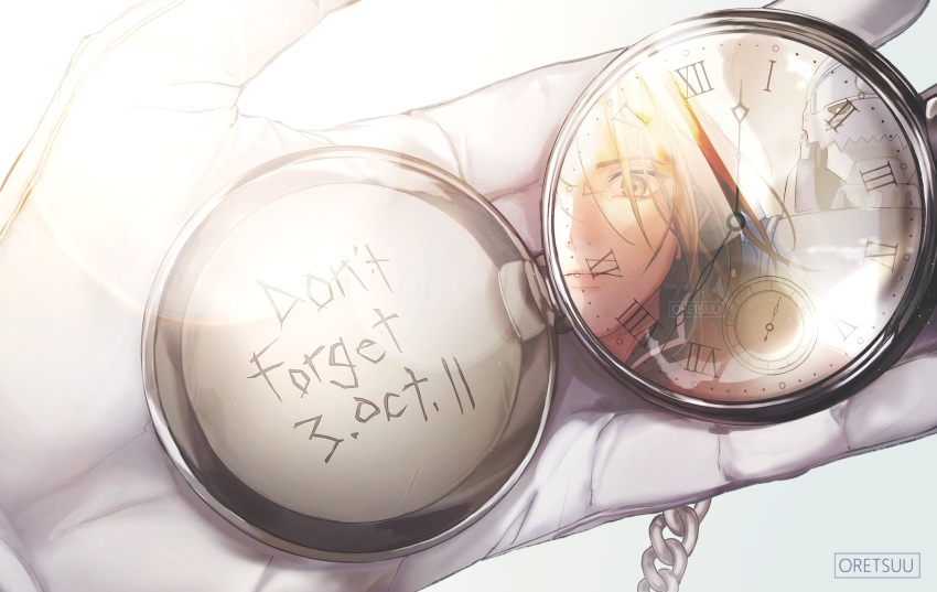 2boys absurdres alphonse_elric armor blonde_hair edward_elric fullmetal_alchemist gloves highres looking_at_viewer multiple_boys oretsuu pocket_watch pov reflection simple_background watch white_background white_gloves yellow_eyes