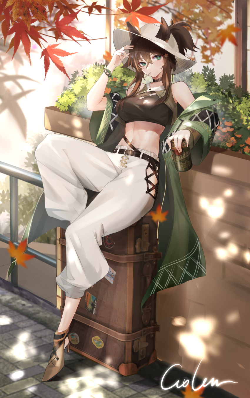 1girl absurdres animal_ears arknights arm_up autumn_leaves bangs bare_shoulders belt belt_buckle black_choker bracelet brown_footwear buckle choker commentary_request crop_top dappled_sunlight day ears_through_headwear eyebrows_visible_through_hair full_body gaogao544 green_jacket hair_between_eyes hat high_heels highres horse_ears jacket jewelry knee_up leaf long_hair long_sleeves looking_at_viewer maple_leaf meteor_(arknights) meteor_(bard's_holiday)_(arknights) mouth_hold navel off_shoulder open_clothes open_jacket outdoors pants ponytail sidelocks signature sitting solo suitcase sun_hat sunlight white_headwear white_pants