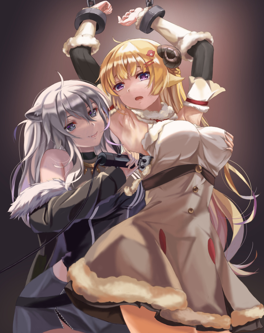 2girls absurdres animal_ears armpits arms_up bare_legs bare_shoulders belt blonde_hair blue_eyes breast_grab breasts brz buttons chain choker cuffs dress flower from_behind grabbing hair_flower hair_ornament hairclip handcuffs highres hololive horns jacket jacket_pull large_breasts legs lion_ears lion_girl long_hair looking_at_another looking_at_viewer miniskirt multiple_girls open_mouth razor restrained shaving sheep_girl sheep_horns shishiro_botan short_dress silver_hair simple_background skirt smile strapless strapless_dress thighs tsunomaki_watame very_long_hair virtual_youtuber wool yuri