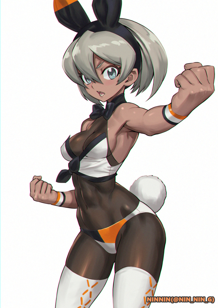 1girl absurdres adapted_costume animal_ears armpits artist_name bare_shoulders bea_(pokemon) black_bodysuit black_hairband blue_eyes bodysuit bodysuit_under_clothes bow bowtie breasts clenched_hands covered_abs covered_navel dark-skinned_female dark_skin fake_animal_ears fake_tail grey_hair groin hair_between_eyes hairband highres looking_at_viewer medium_hair micro_shorts ninnin_(shishitou) open_mouth outstretched_arm playboy_bunny pokemon pokemon_(game) pokemon_swsh rabbit_ears rabbit_tail shorts sideboob simple_background skin_tight small_breasts solo tail thigh-highs toned twitter_username v-shaped_eyebrows watermark white_background wristband