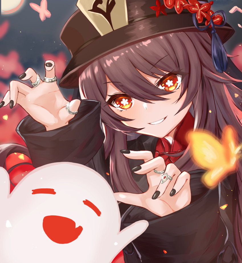 1girl bangs black_coat black_headwear blush breasts brown_hair bug butterfly claw_pose coat flower genshin_impact ghost grin habu_rin hat hat_flower highres hu_tao_(genshin_impact) jewelry long_hair long_sleeves looking_at_viewer plum_blossoms red_eyes ring small_breasts smile symbol-shaped_pupils twintails very_long_hair