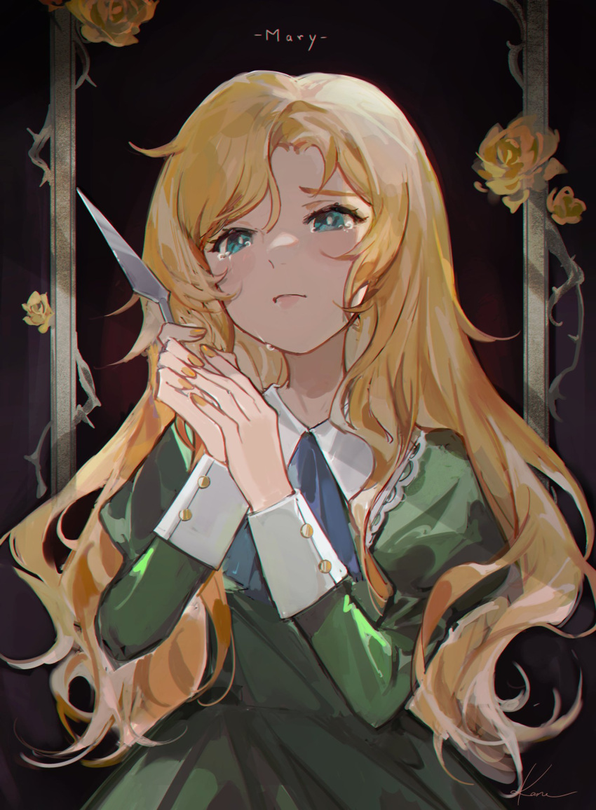 1girl ascot blonde_hair blue_eyes blue_neckwear character_name crying dress flower green_dress highres holding ib juliet_sleeves kaneblob long_hair long_sleeves looking_at_viewer mary_(ib) puffy_sleeves rose sleeve_cuffs solo upper_body yellow_flower yellow_rose