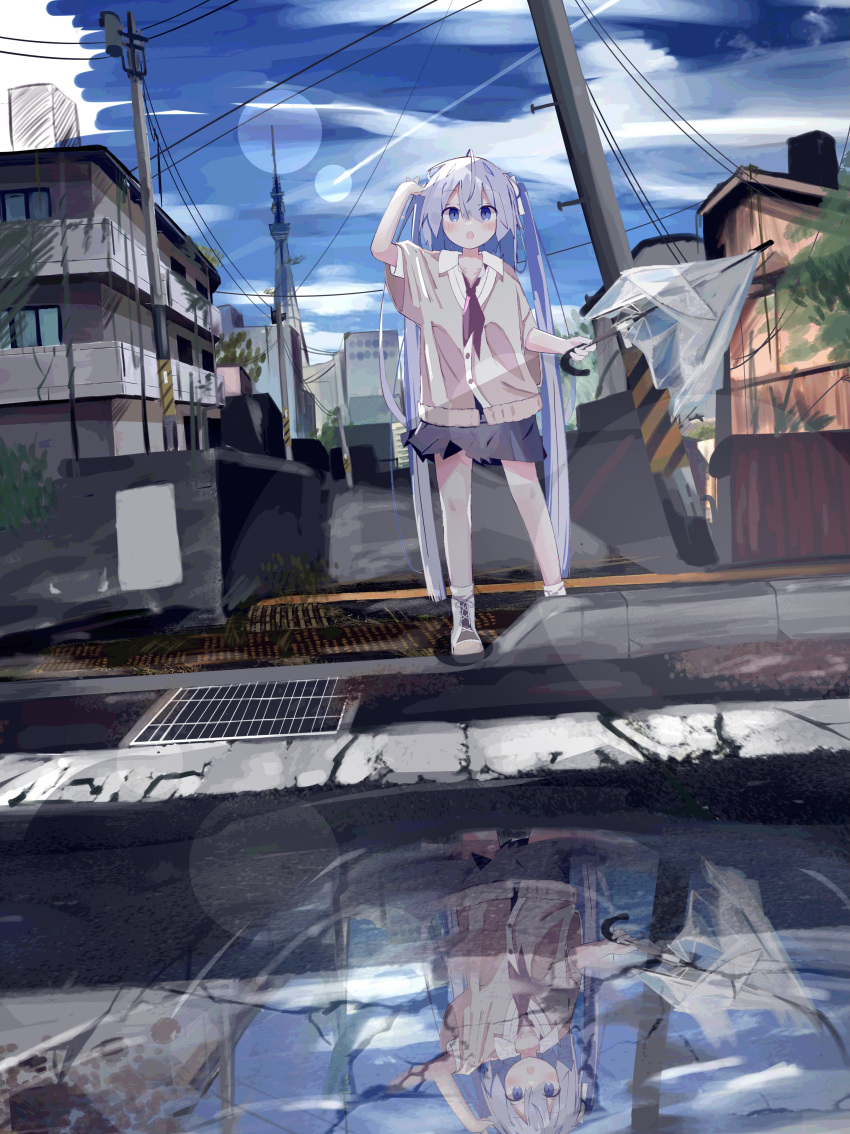 1girl absurdres blue_eyes blue_skirt building cardigan chestnut_mouth city commentary condensation_trail day full_body hand_up hatsune_miku highres holding holding_umbrella lens_flare light_blue_hair light_blush long_hair looking_at_viewer miniskirt neckerchief open_mouth outdoors puddle red_neckwear reflection road scenery skirt solo standing street syare_0603 tower twintails umbrella utility_pole very_long_hair vocaloid