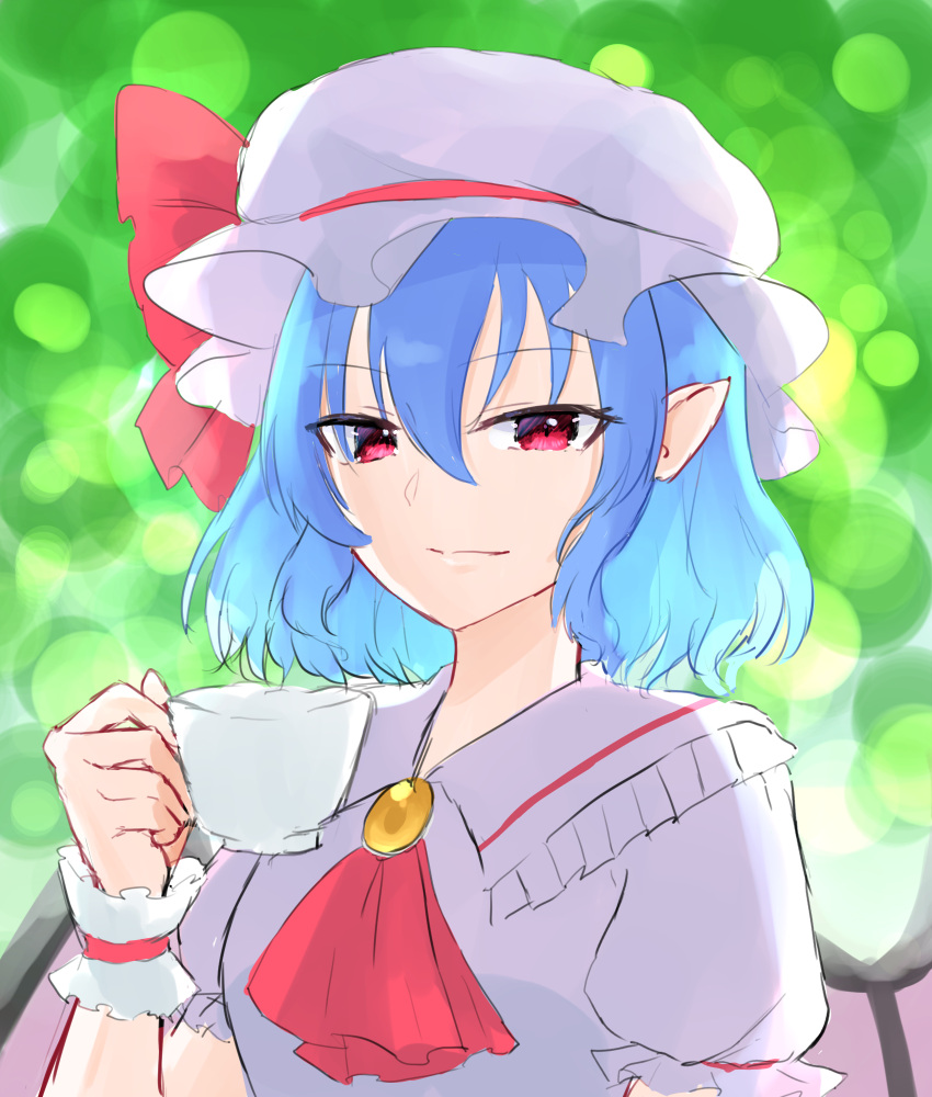 1girl ascot bat_wings blue_hair bow brooch cup dress eyebrows_visible_through_hair hat hat_ribbon highres holding holding_cup jewelry looking_at_viewer mob_cap mug nano_popo02 one-hour_drawing_challenge pink_dress pink_headwear pointy_ears red_bow red_eyes red_neckwear red_ribbon remilia_scarlet ribbon touhou vampire wings wrist_cuffs