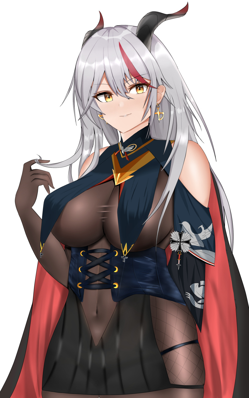 1girl absurdres aegir_(azur_lane) arms_behind_back azur_lane bare_shoulders black_cape black_gloves black_skirt bodystocking breast_curtains breasts cape clothing_cutout covered_navel cross cross-laced_clothes cross_earrings demon_horns earrings elbow_gloves eyebrows_visible_through_hair gloves hair_between_eyes highres horns iron_cross jewelry large_breasts looking_at_viewer microskirt multicolored_hair navel_cutout pokko redhead simple_background skirt solo streaked_hair taut_clothes two-tone_hair underbust upper_body white_background white_hair yellow_eyes