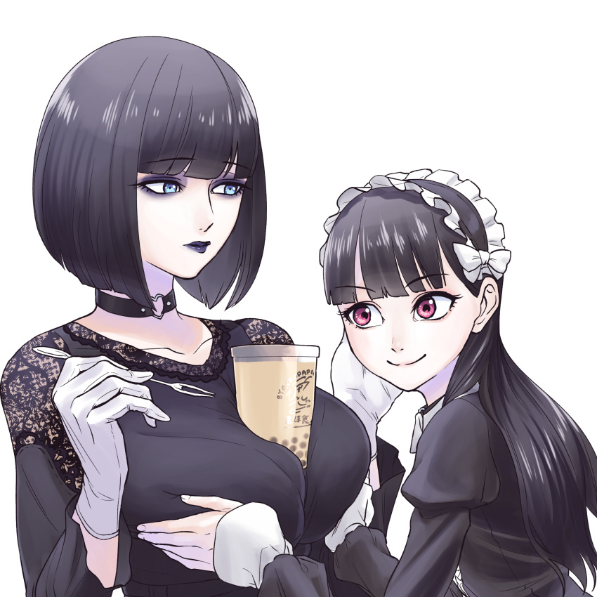 2girls age_difference bangs black_lips breast_grab breasts bubble_tea_challenge choker eyebrows_visible_through_hair gloves gothic gothic_lolita grabbing highres large_breasts lolita_fashion long_hair multiple_girls original red_eyes satsuki_(notsachiko) short_hair smile white_gloves yuri