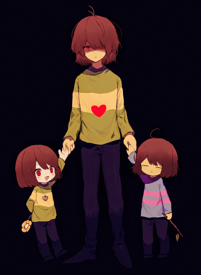3others :d absurdres bangs black_background black_footwear black_pants blue_sweater brown_hair chara_(undertale) deltarune expressionless flower frisk_(undertale) full_body green_sweater heart heart_necklace highres holding holding_flower holding_hands holding_stick kris_(deltarune) long_sleeves looking_at_viewer multiple_others open_mouth pants red_eyes shaded_face short_hair smile stick sweater undertale y_o_u_k_a yellow_flower