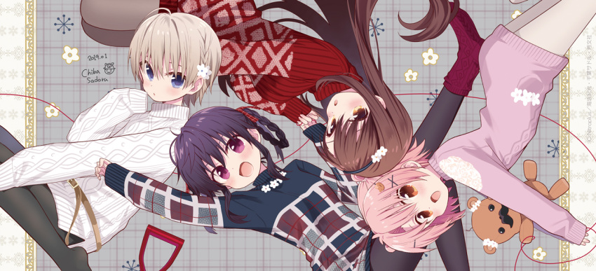 4girls :/ :d :o ahoge alternate_hairstyle arm_up artist_name bangs bear_hair_ornament belt belt_buckle black_hairband black_legwear blue_eyes blue_sweater blush braid brown_belt brown_eyes buckle cable_knit chiba_sadoru clenched_hands closed_mouth copyright curled_fingers dated dot_nose ebisuzawa_kurumi expressionless fang fingernails floating_hair flower foot_out_of_frame french_braid from_side gakkou_gurashi! grey_background hair_between_eyes hair_flower hair_intakes hair_ornament hair_ribbon hair_rings hairband hairclip hand_up hatching_(texture) high_collar knee_up lace leg_up light_brown_eyes linear_hatching long_hair long_sleeves looking_at_viewer looking_to_the_side lying mole mole_under_eye multiple_girls naoki_miki no_shoes official_art on_back open_mouth outstretched_arms pantyhose parted_bangs parted_hair parted_lips pink_hair pink_sweater plaid plaid_background plaid_ribbon platinum_blonde_hair pocket print_sweater purple_hair red_legwear red_ribbon red_sweater ribbed_sweater ribbon short_hair sidelocks signature sitting sleeves_past_fingers sleeves_past_wrists smile socks_over_pantyhose string stuffed_animal stuffed_toy sweater takeya_yuki teddy_bear teeth tights_day turtleneck turtleneck_sweater twin_braids two_side_up upside-down very_long_hair violet_eyes wakasa_yuuri wariza white_flower white_legwear white_sweater x_hair_ornament