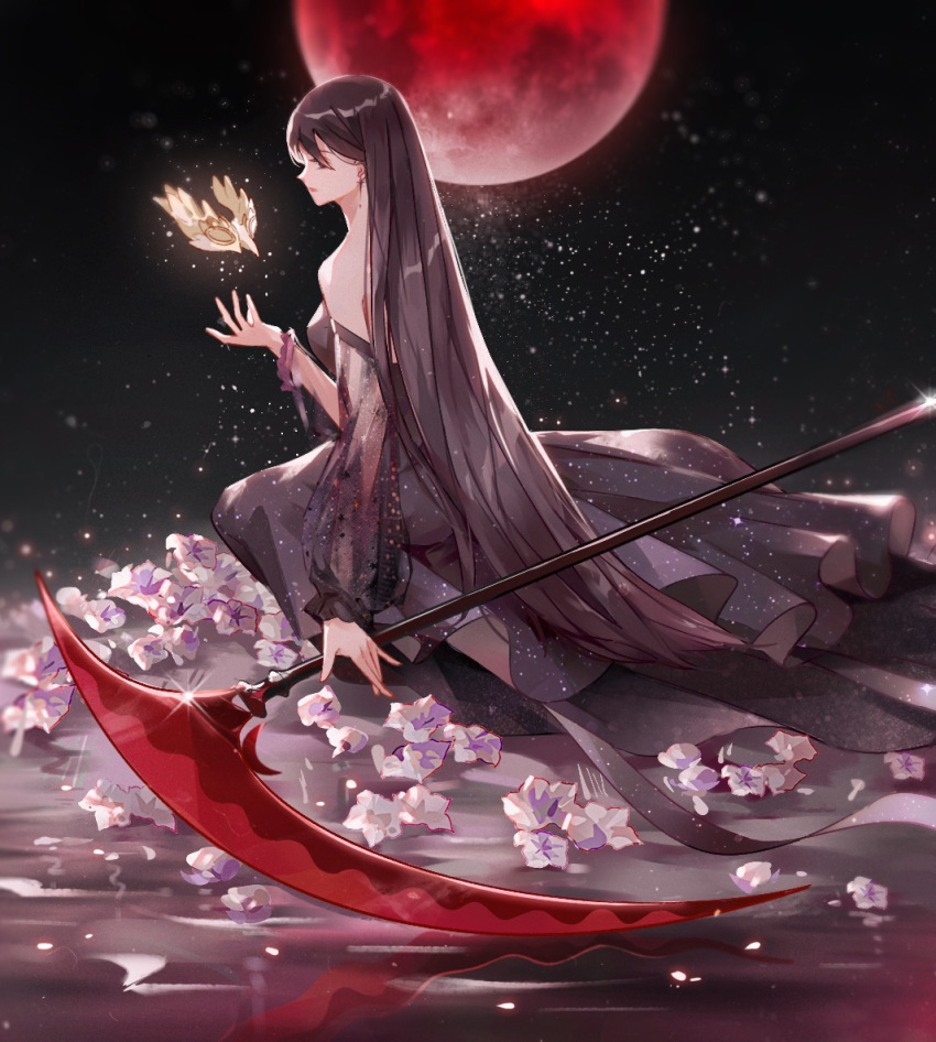 arm_up black_dress black_hair chinese_commentary commentary_request dress earrings erbagongzi evernight_goddess flower holding holding_weapon jewelry long_hair looking_to_the_side lord_of_the_mysteries moon night on_ground red_moon reflection reflective_floor scythe sitting solo solo_focus space weapon