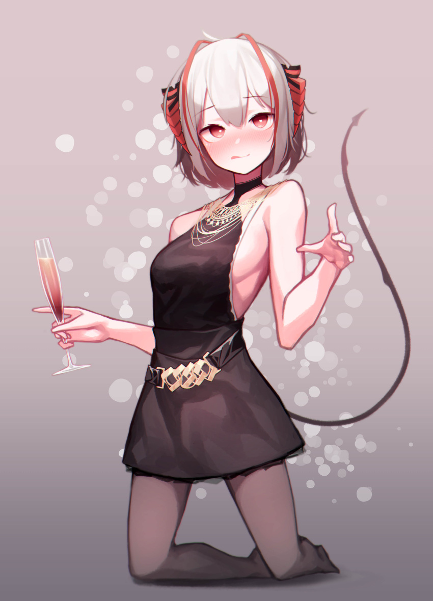 1girl :q absurdres arknights beudelb black_dress black_legwear blush breasts champagne_flute commentary cup demon_horns demon_tail dress drinking_glass eyebrows_visible_through_hair full_body grey_background grey_hair hand_up highres holding holding_cup horns kneeling licking_lips pantyhose red_eyes short_hair sideboob simple_background sleeveless sleeveless_dress small_breasts solo tail tongue tongue_out w_(arknights)