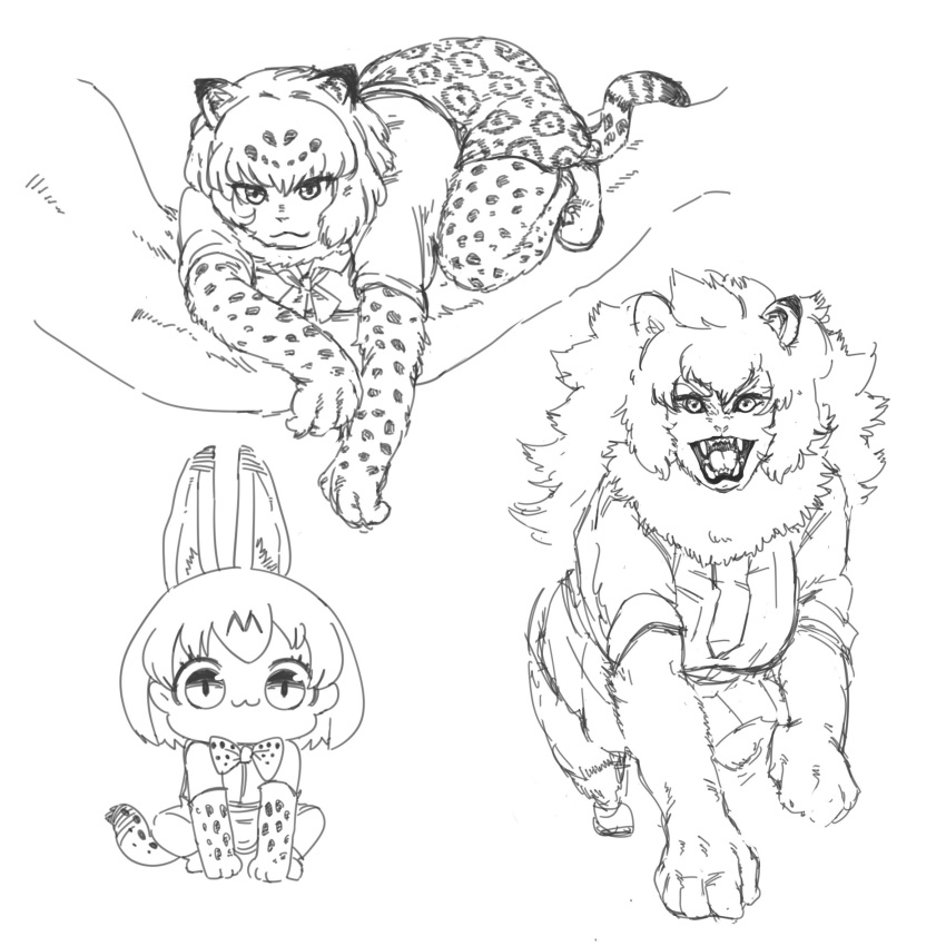 3girls :3 afei_(sfma3248) all_fours animal_ears animal_print bangs between_legs bow branch chibi claws elbow_gloves fangs fur_collar gloves greyscale hand_between_legs highres in_tree kemono_friends leopard_(kemono_friends) leopard_ears leopard_print leopard_tail lion_(kemono_friends) lion_ears lion_girl long_hair looking_at_viewer looking_down monochrome multiple_girls neckerchief open_mouth serval_(kemono_friends) serval_print sharp_teeth short_hair short_sleeves sitting sitting_in_tree skirt smile squatting tail teeth tree
