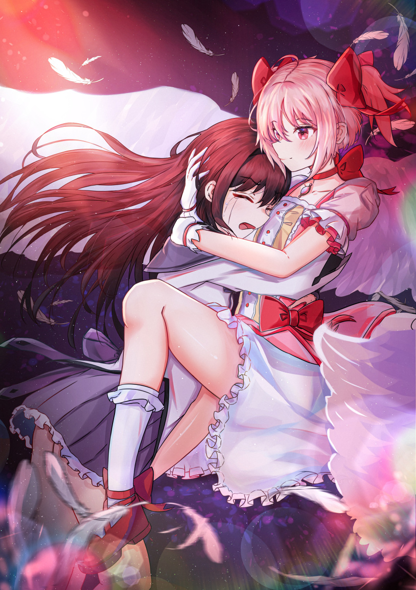 2girls absurdres akemi_homura black_hair capelet crying dress falling_feathers frilled_skirt frilled_sleeves frills gloves hairband highres holding_another's_head hug humany kaname_madoka long_hair magical_girl mahou_shoujo_madoka_magica multiple_girls pink_eyes pink_hair pleated_skirt red_footwear revision ribbon sad short_hair short_sleeves short_twintails skirt smile socks tears twintails white_gloves white_legwear