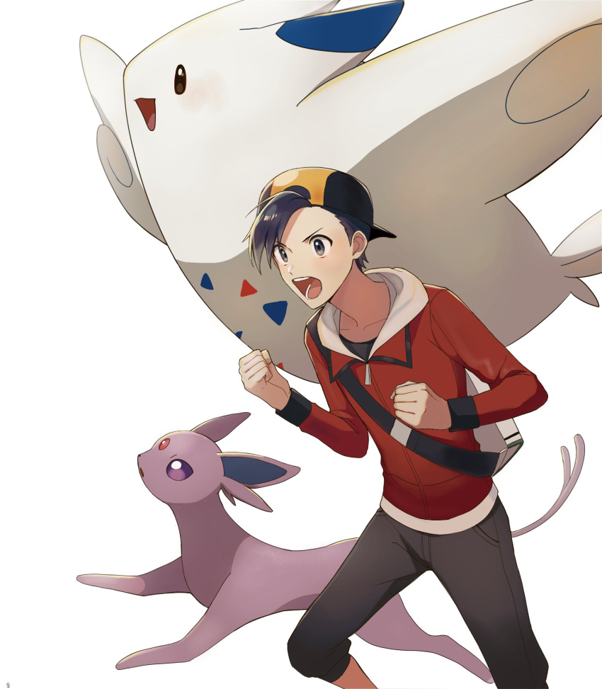 1boy backpack backwards_hat bag baseball_cap black_hair black_shirt capri_pants clenched_hands commentary_request espeon ethan_(pokemon) grey_bag grove_152 hat highres jacket long_sleeves male_focus open_mouth pants pokemon pokemon_(creature) pokemon_(game) pokemon_hgss red_jacket shirt short_hair teeth togekiss tongue white_background zipper_pull_tab
