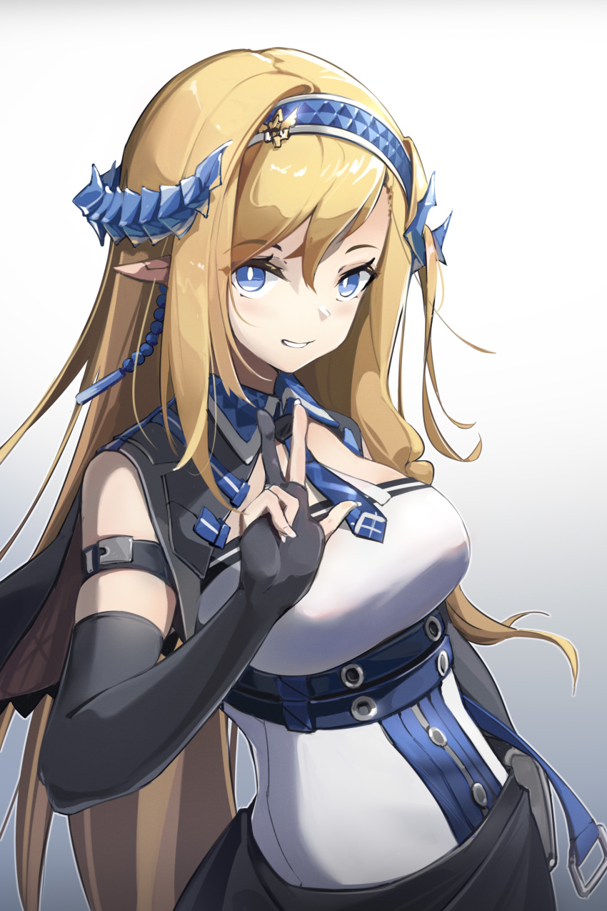 1girl absurdres arknights black_gloves black_skirt blonde_hair blue_eyes blue_hairband blue_neckwear breasts bright_pupils cowboy_shot dragon_horns elbow_gloves emblem gloves gradient gradient_background hairband highres horns large_breasts long_hair looking_at_viewer mcoco7 necktie parted_lips partially_fingerless_gloves pointy_ears saileach_(arknights) shirt skirt smile solo underbust v white_background white_shirt
