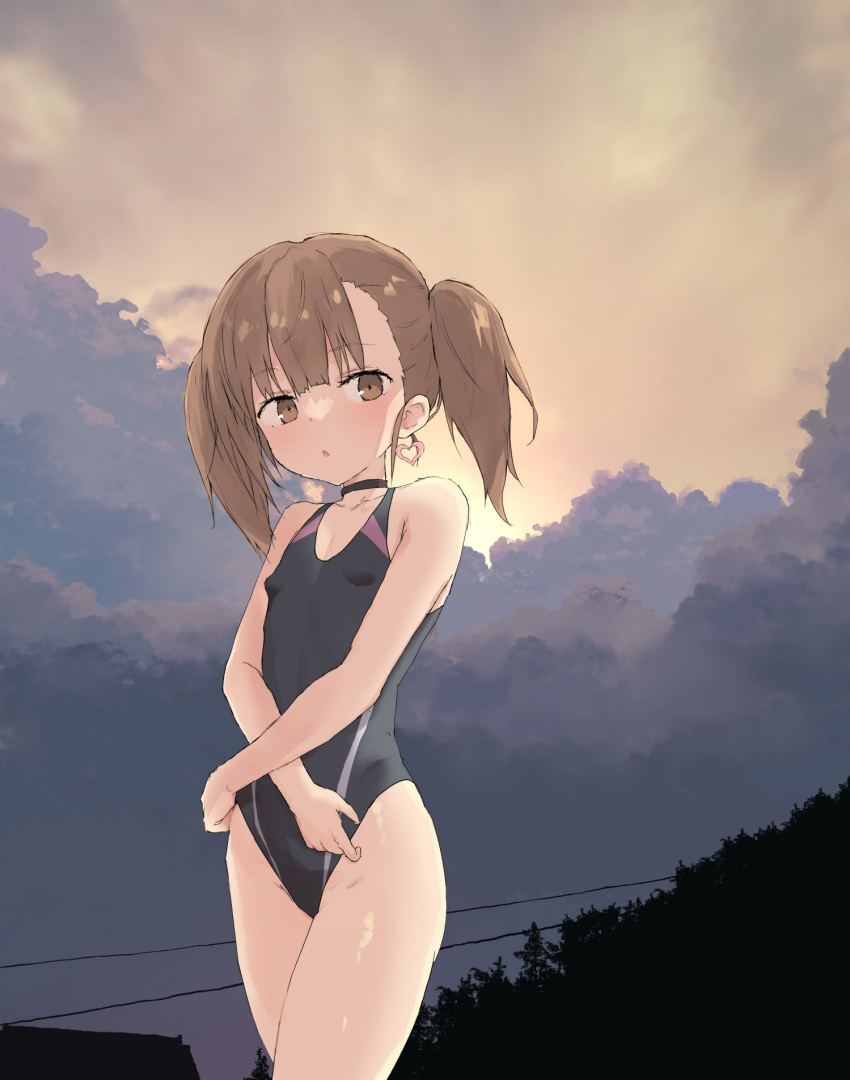 1girl :o bangs black_choker black_swimsuit blunt_bangs breasts brown_eyes brown_hair choker clouds competition_swimsuit earrings eyebrows_visible_through_hair heart heart_earrings highres jewelry looking_at_viewer one-piece_swimsuit original outdoors short_hair sky small_breasts solo standing sunset swimsuit thighs twintails undressing yakihebi yakihebi's_brown_haired_loli