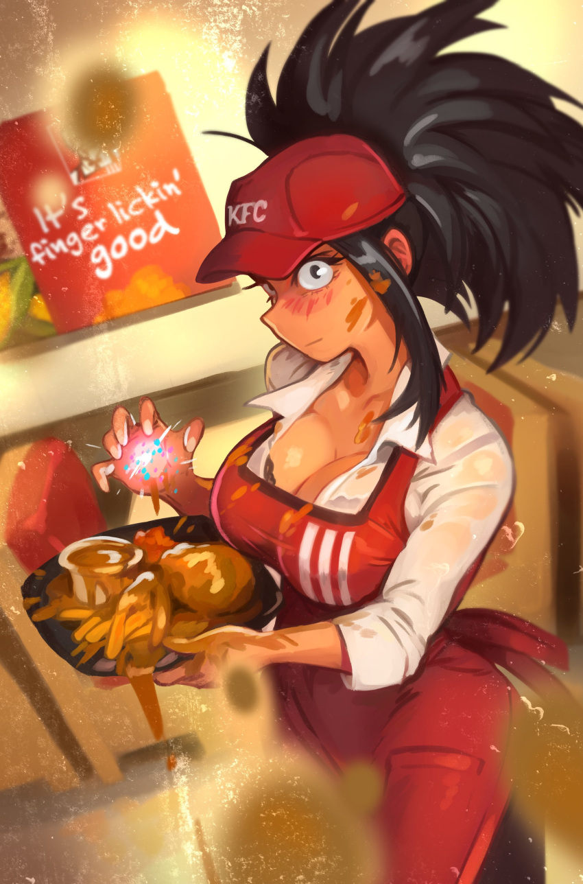 1girl absurdres apron black_hair blush boku_no_hero_academia bra breasts dirty dirty_clothes dirty_face employee_uniform fast_food fast_food_uniform food food_on_body food_on_face hat highres khyleri large_breasts looking_at_viewer messy red_apron spill underwear uniform yaoyorozu_momo