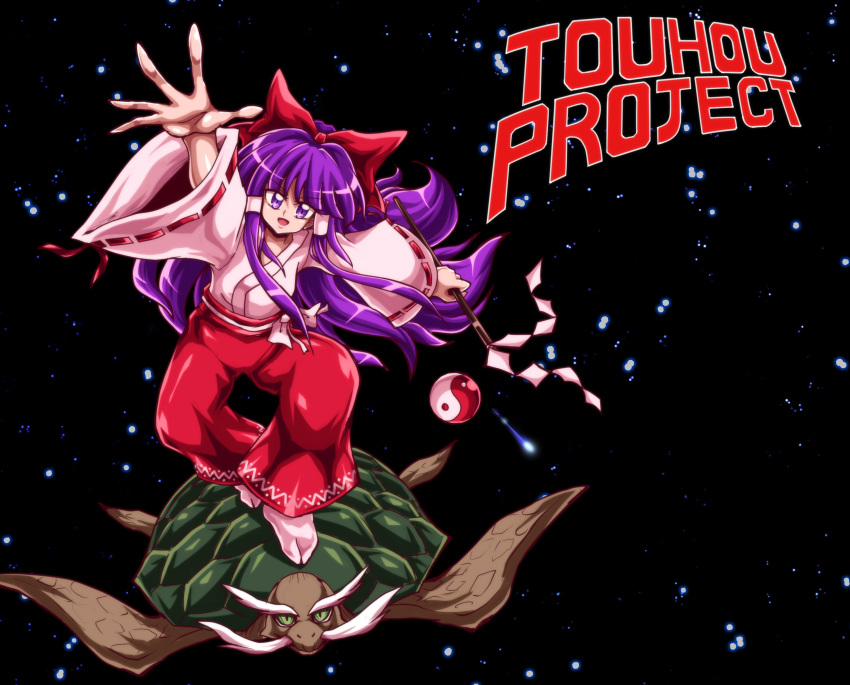 1boy 1girl absurdres artist_request ascot bow full_body genjii_(touhou) gohei hair_bow hair_tubes hakama hakurei_reimu hakurei_reimu_(pc-98) highres japanese_clothes kimono long_hair miko orb parody purple_hair red_hakama silver_surfer space star_(sky) tabi touhou touhou_(pc-98) turtle violet_eyes white_kimono wide_sleeves yin_yang yin_yang_orb