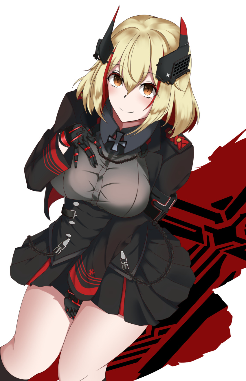 1girl azur_lane black_dress black_gloves blonde_hair breasts brown_eyes closed_mouth core1013 cross cross_necklace dress eyebrows_visible_through_hair from_above gloves hair_ornament hand_on_breast highres jewelry looking_at_viewer medium_breasts medium_hair multicolored_hair necklace roon_(azur_lane) simple_background sitting smile solo white_background