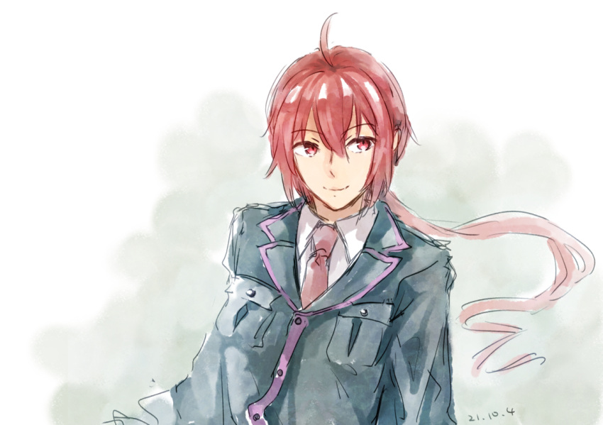 1boy ahoge blue_jacket breast_pocket commentary dated jacket kasane_ted long_hair looking_to_the_side male_focus necktie painting_(medium) pocket ponytail red_eyes red_neckwear redhead shirt sketch smile solo tamanoka traditional_media upper_body utau watercolor_(medium) white_shirt