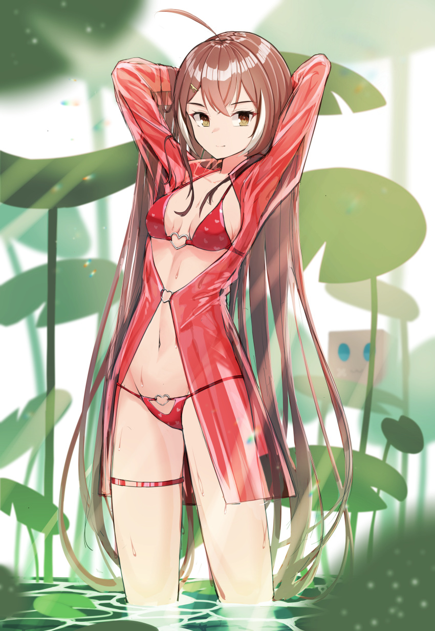 1girl absurdres ahoge arms_behind_head arms_up bikini breasts brown_eyes brown_hair clover friend_(nanashi_mumei) heart heart_print heart_ring heart_ring_swimsuit highres hololive hololive_english long_hair looking_at_viewer nanashi_mumei navel oversized_plant red_bikini see-through small_breasts standing sugiru swimsuit thigh_strap very_long_hair virtual_youtuber wading wet