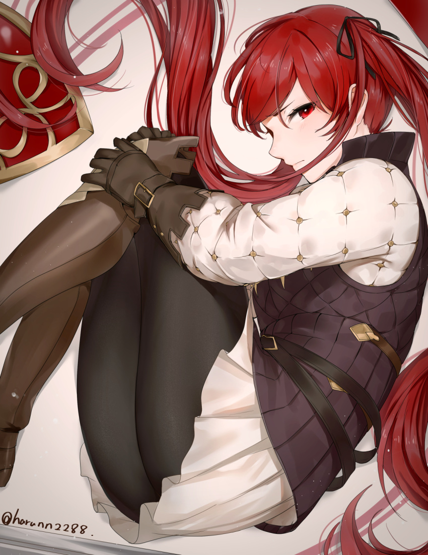 1girl armor armor_removed bangs belt belt_buckle black_belt black_legwear black_ribbon blush boots brown_footwear brown_gloves brown_vest buckle fetal_position fire_emblem fire_emblem_fates gambeson gloves hair_ribbon haru_(nakajou-28) highres knee_boots leather leather_gloves lips long_hair looking_at_viewer lying miniskirt on_side pantyhose pink_lips red_eyes redhead ribbon selena_(fire_emblem_fates) severa_(fire_emblem) shoulder_armor skirt solo twintails twitter_username very_long_hair vest white_skirt