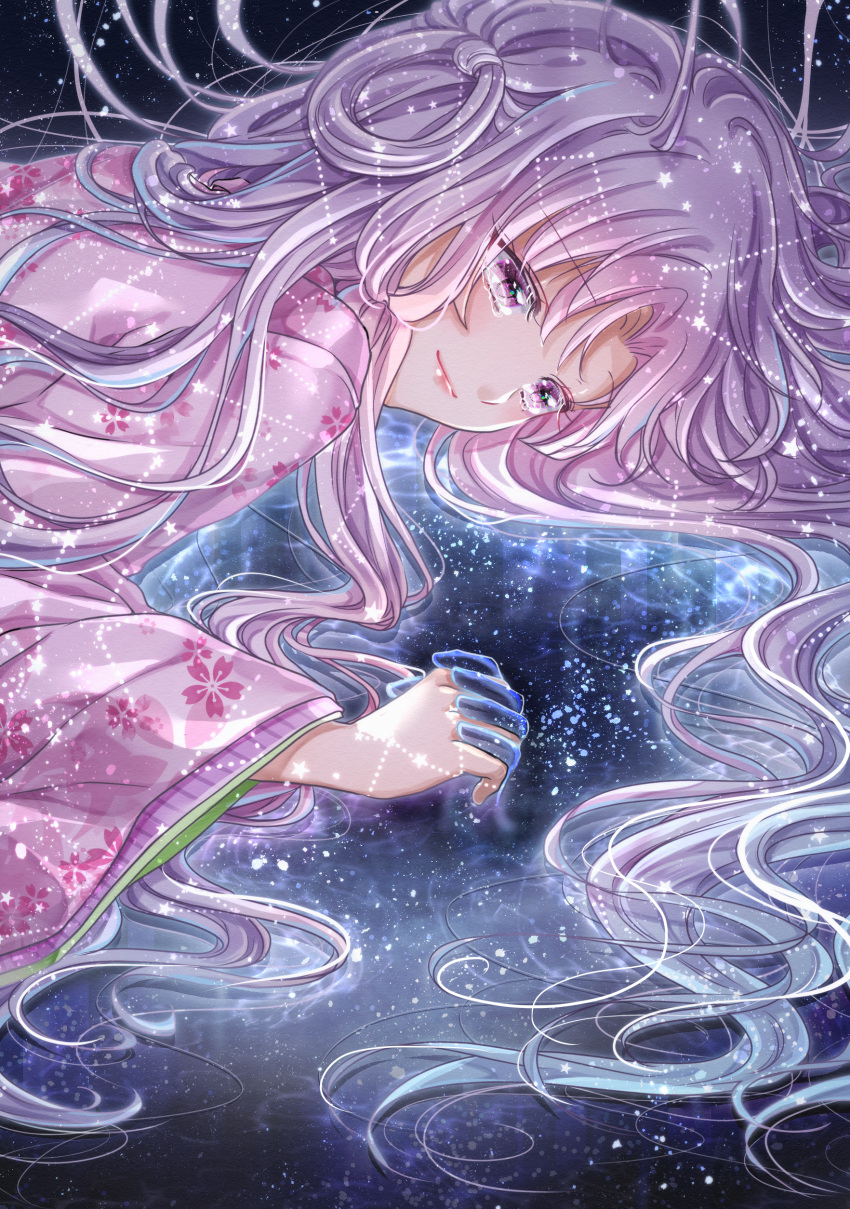 1girl absurdres constellation fantasy floral_print glint highres holding_hands kousagi light_particles light_smile long_hair long_sleeves lying night night_sky original pink_eyes pink_hair sky sparkle tanabata transparent wide_sleeves zodiac